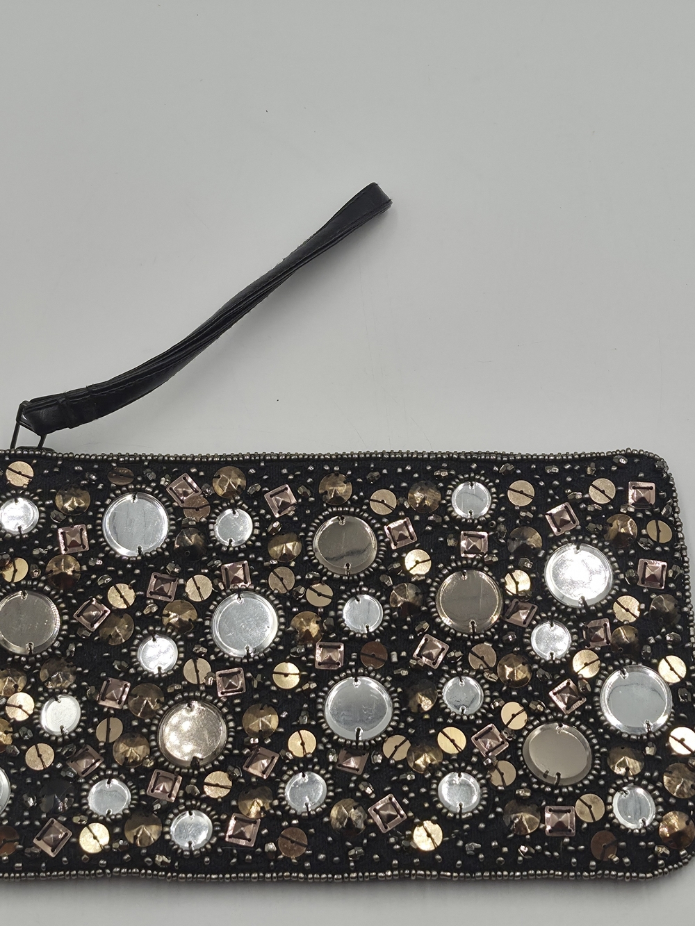 Express  Mirror Beaded Black Faux Leather Wristlet  Purse